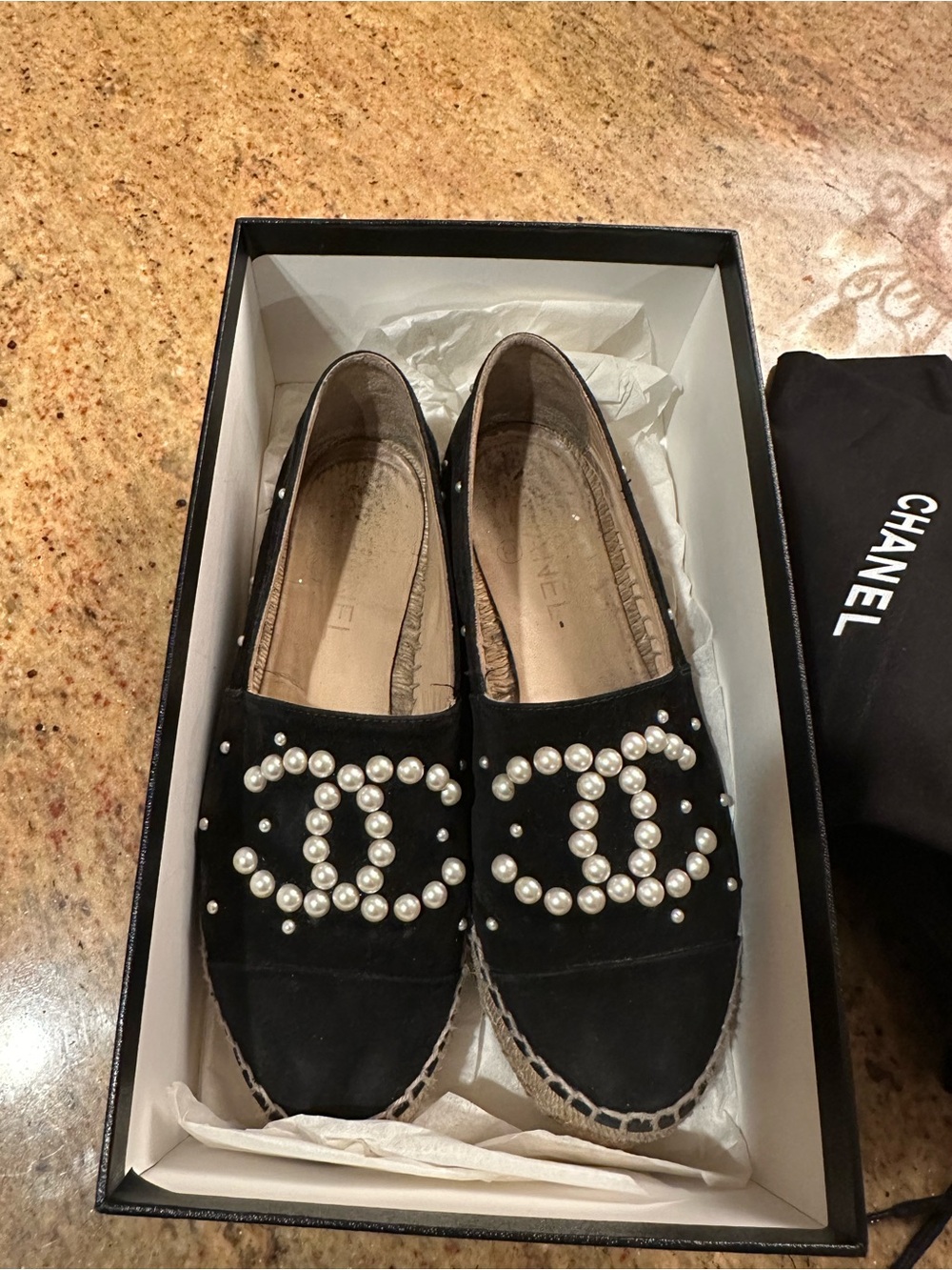 CHANEL Black Pearl-Embellished Suede Espadrilles